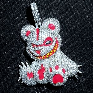 3"Tall Custom Solid Sterling Silver & moissanite Evil Bear Pendant High Quality